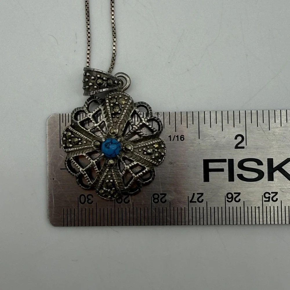 VTG Sterling Silver Turquoise Marcasite Pendant Necklace Italy 18 Inch Estate